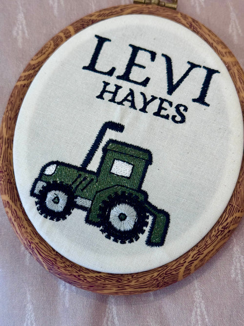 Personalized Tractor Embroidery Hoop – Custom Baby Name Nursery Decor (4.7” x 6”)